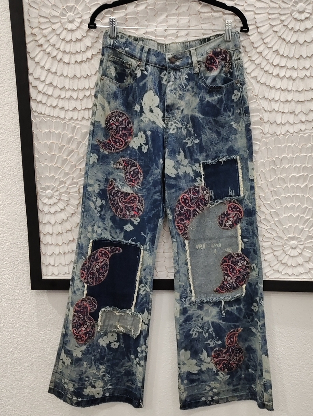 Oli & Hali Blue Floral Patchwork Paisley Vintage Wash Wide Leg Jeans - Picture 3 of 10